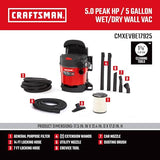 Craftsman CMXEVBE17925 5 galones 5.0 Pico HP aspiradora de Pared húmeda/Seca, montada en la Pared con Accesorios