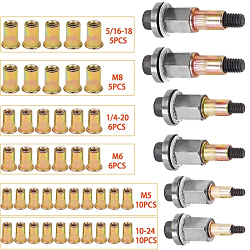 Herramienta de tuerca de remache de mano, remachadora ciega de mano, 6 mandriles + 42 tuercas, kit de fácil uso, herramienta de remachadora duradera, herramienta de remachadora manual M5 M6 M8 10-24