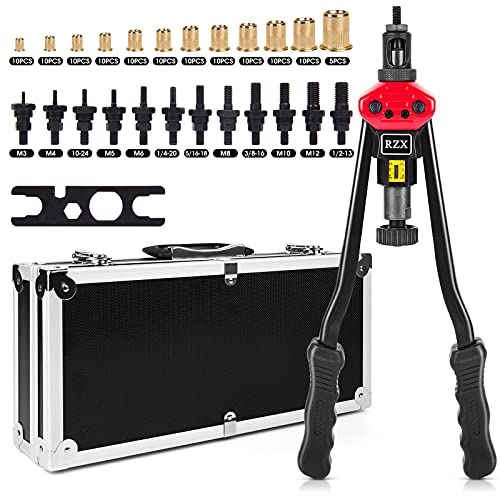 RZX - Herramienta de tuerca de remache de 16 pulgadas, kit profesional de herramientas de tuerca de remache que incluye 12 mandriles métricos y SAE, 115 tuercas de remache surtidas, diseño sin