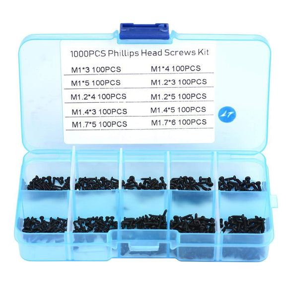 1000Pcs M1 M1.2 M1.4 M1.7 Tornillos Autorroscantes Acero Inoxidable Tornillos de Cabeza Redondeada Phillips Pequeños Juego de Surtido con Caja, Negro