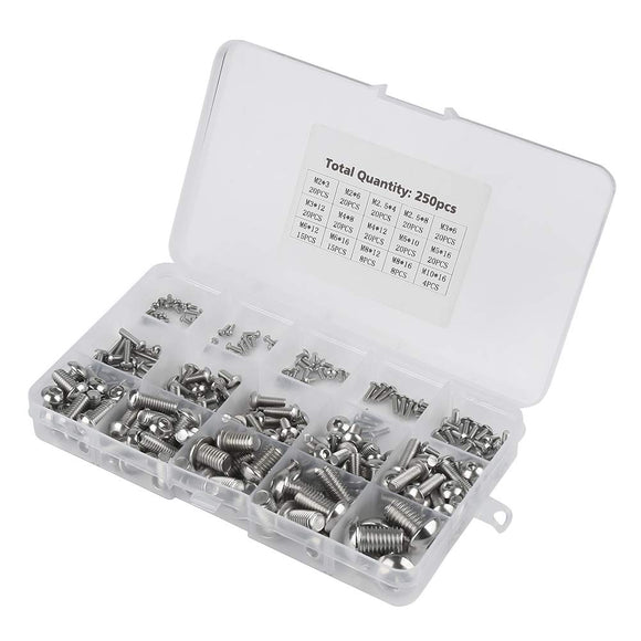 Surtido de Tuercas y Tornillos de Acero Inoxidable 250PCS, M2 / M2.5 / M3 / M4 / M5 / M6 / M8 / M10 Cabezal de Cabeza Hexagonal Tornillos Tornillos Kit de Surtido para Portátil /