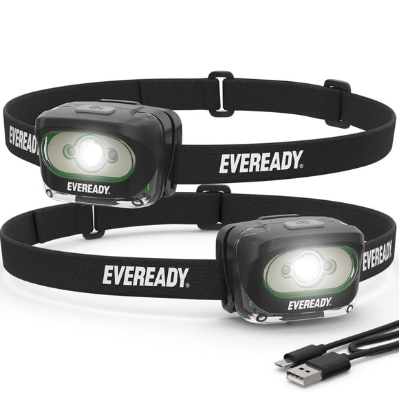 Eveready Faros LED recargables (paquete de 2), IPX4 resistentes al agua para correr, acampar, emergencias, exteriores (cable USB incluido), negro (paquete de 2), ajustable