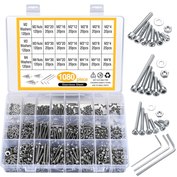 Juego de 1080 tornillos y tuercas y arandelas, juego de tornillos métricos M4 M3 M2 de acero inoxidable, juego de tornillos de cabeza hexagonal de acero inoxidable, surtido de tornillos de máquina