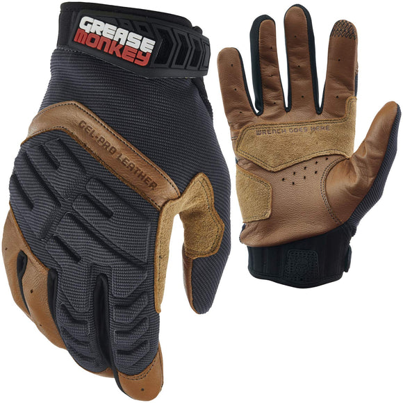 GREASE MONKEY - Guantes mecánicos híbridos de piel Gel-Pro, guantes de trabajo con palma de piel con protección de gel contra impactos y capacidad de pantalla táctil, grandes