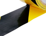 Cinta de seguridad / precaución de color negro brillante + amarillo; Cinta de advertencia y peligro de alta visibilidad con adhesivo fuerte; Diseñado para paredes, pisos, tuberías, equipos, exteriores; 50 mm de ancho por 20 m de largo