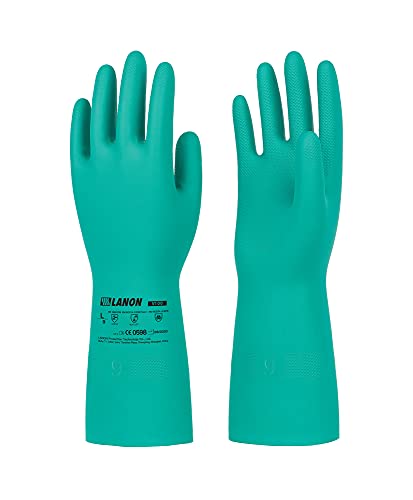 Guantes de protección resistentes a los productos químicos, 3 pares de guantes de nitrilo flocados químicos resistentes a ácidos fuertes, alcalinos, guantes de trabajo de seguridad sin látex, 15 mil guantes resistentes, 12.6 pulgadas, color verde grande