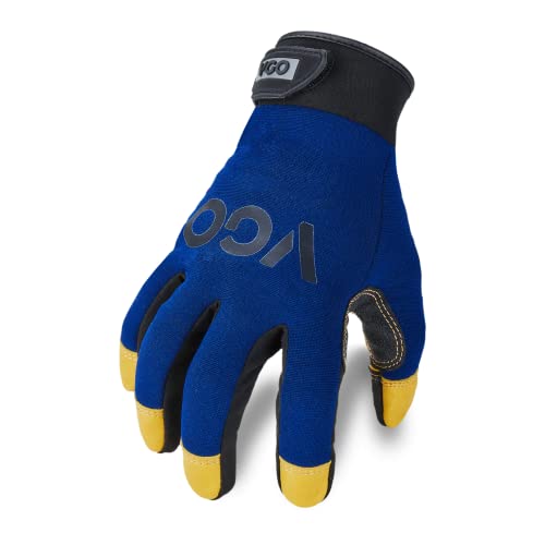 Vgo - 1 par de guantes de trabajo de cuero de seguridad, guantes de mecánicos, guantes antivibración, guantes Riger, resistencia a la abrasión, parches en la palma (talla L, azul, PA7726)