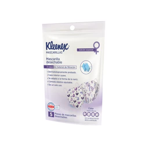 Kleenex Mascarillas, Cubrebocas Ajustable, Bolsa conn 5 piezas de Triple Capa, Edición Especial Día de la Mujer