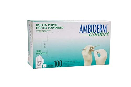 Guante de Latex Ambiderm Confort, caja con 100 guantes desechables, no estéril (Chico - Blanco)