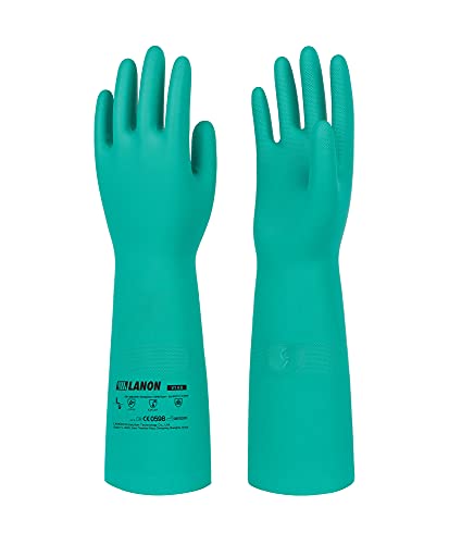 LANON Guantes de nitrilo resistentes a los químicos, guantes de trabajo de seguridad reutilizables y resistentes, protección contra ácidos, álcalis y aceite, 18 pulgadas de longitud, antideslizantes, XL