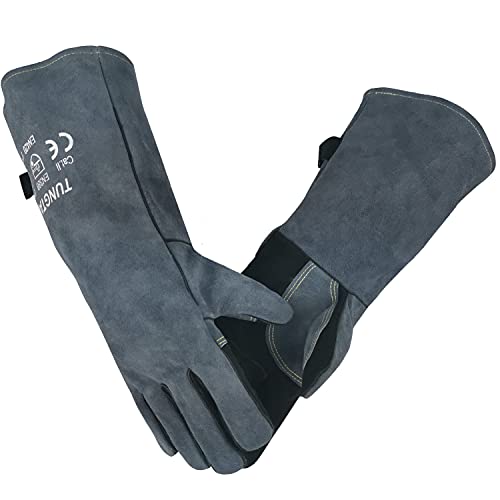 Guantes de soldadura de forja de cuero/herrero/Mig/tig 16 pulgadas 932 °F resistentes al calor guantes a prueba de calor para barbacoa/parrilla/estufa/soldador TIG/Mig/soldadura con costuras de Kevlar manga larga gris