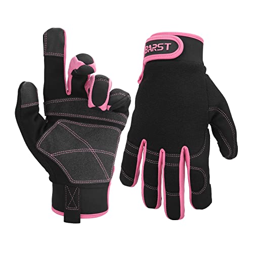 BARST Guantes de trabajo para mujer, guantes de trabajo para pantalla táctil, guantes de trabajo para construcción, jardinería, cuero sintético, guantes mecánicos, rosa, talla M