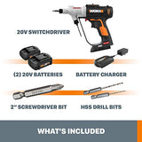 WORX Switchdriver 2 en 1 taladro y driver inalámbrico con mandriles dobles giratorios y motor de 2 velocidades con control electrónico preciso de torque – WX176L