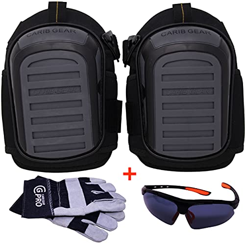 Rodilleras CARIB Gear para hombres y mujeres trabajadores, construcción de rodilleras, para suelos de techos, antideslizante, doble cojín extra de gel, rodilleras con guantes ligeros y gafas de seguridad (grises y negros) gafas y guantes de cuero, soporte