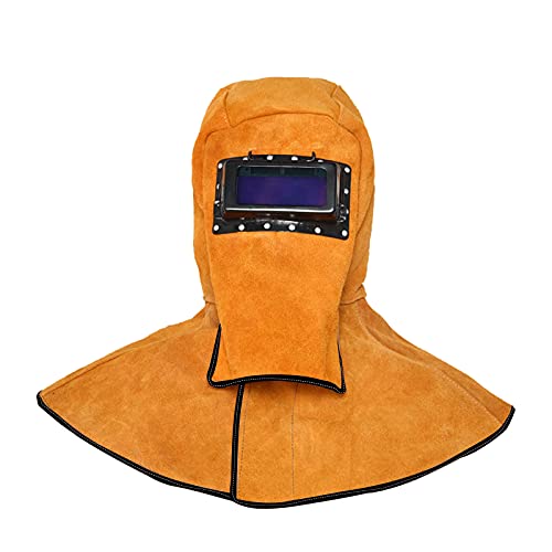 Máscara de soldadura de cuero, capucha de soldador de cuero, casco de soldador con lente de filtro de oscurecimiento automático, casco de soldadura de gorra de trabajo, amarillo (cara completa + cobertura de hombro del cuello)