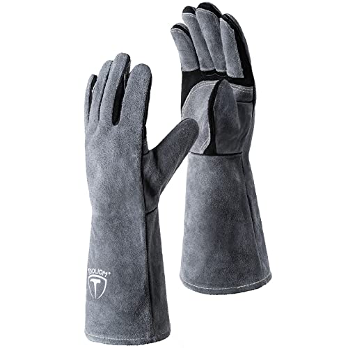 TOOLIOM Guantes de soldadura de 16 pulgadas y 1644 °F para soldadura Mig/Stick, forja de cuero resistente al calor con costuras Kevlar reforzadas pulgar y palma, guantes para soldador, horno, parrilla, soporte para ollas, chimenea, horneado, color negro y