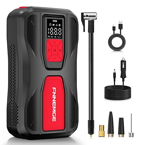 FNNEMGE Compresores de Aire Portátile, 150PSI 6000mAh Inflador Ruedas Coche,con Dual Poder( Batería & DC 12V Cable Adaptador para Coche ), Luz LED, para de Coche, Bicicleta, Motocicletas, Pelotas.