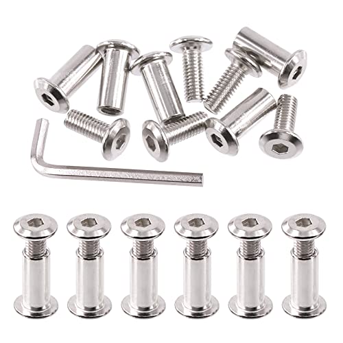 Swpeet Juego de 25 tornillos de encuadernación chapados en níquel M6 x 16 mm, tuercas hexagonales, kit surtido de tuercas de barril con 1 llave Allen, poste de tornillo para muebles, cinturón avellanado