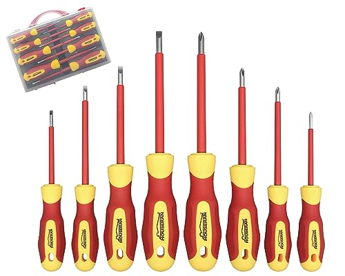 HOUSERAN Juego de 8 Piezas Destornilladores Aislados con Estuche, Mango con Aislamientode 1000 V, Juego de Destornilladores Eléctricos Magnéticos, Phillips Ranurados/Plano