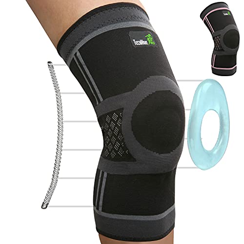 TechWare Pro Rodillera de compresión – Rodillera para hombres y mujeres con estabilizadores laterales y almohadillas de gel para rótula para soporte de rodilla. Lágrima de menisco, artritis, alivio del dolor en las articulaciones. (Negro/Gris-XXL)