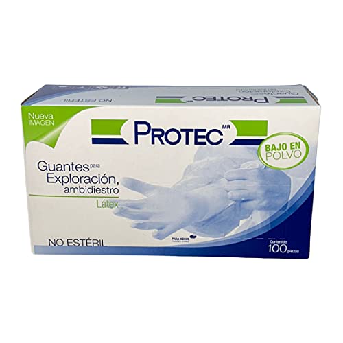 Guante de Latex Protec, caja con 100 guantes desechables, Bajo de Polvo, de exploración, Liso, ambidiestros, no estéril (Mediano - Blanco)