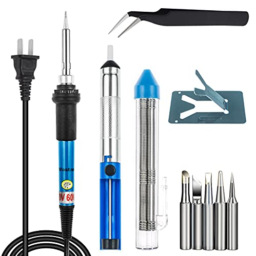 Vastar Kit del Soldador Set de Soldadura 60W 110V con Temperatura Ajustable 5pcs Puntas Bomba de Desoldadura ,Soporte, Pinzas Antiestáticas y Tubo de Soldadura para Uso Reparado Variamente