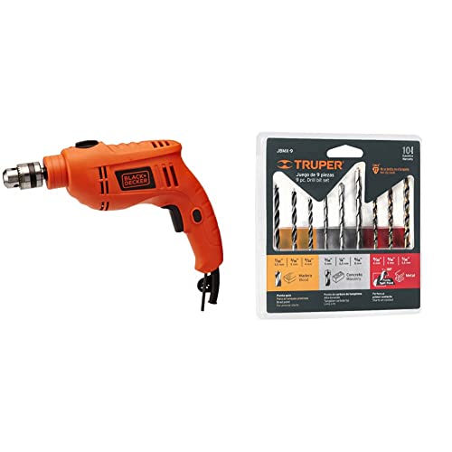 BLACK + DECKER Taladro Percutor 3/8 Pulgadas 550W TB550-B3 + Truper JBMX-9 Juego de 9 brocas alta velocidad, concreto y madera