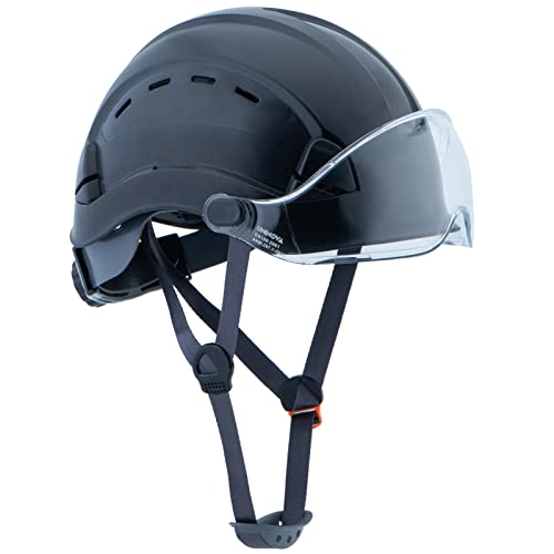 UNINOVA Casco duro de seguridad con visera – Casco ventilado aprobado por ANSI Z89.1 – Suspensión de trinquete de 6 puntos, perfecto para la construcción (02 Visera transparente negra)