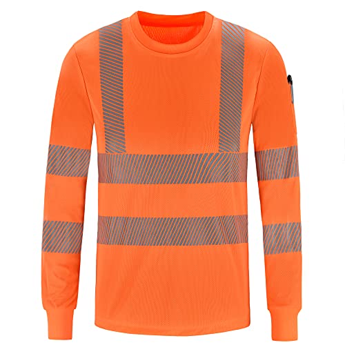 AYKRM Camisas de trabajo de construcción de manga larga de alta visibilidad, ropa de trabajo de clase 3, camisa de alta visibilidad, naranja/fiesta de bloques, Large