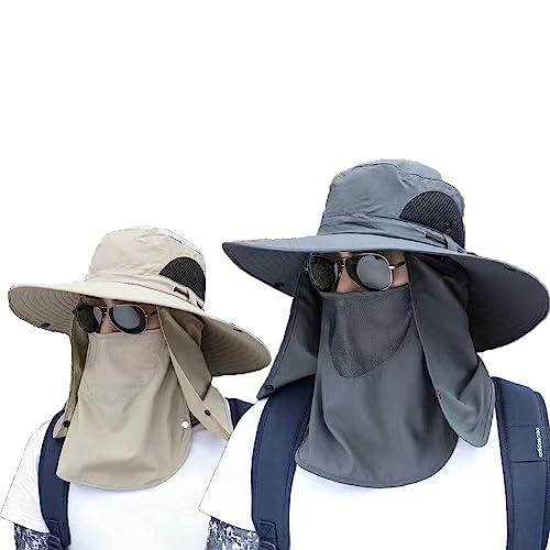 NDOOL 2 Unidades Sombrero para el Sol Protector Gorro Pescador Anti UV UPF50+, 2 Gorra Pesca Solar ala Ancha Transpirable Multiusos con Velo y Mosquitera Protección Cuello Al Aire Libre