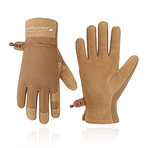 HANDLANDY Guantes de jardinería para mujer, flexibles y duraderos, transpirables, guantes de trabajo de cuero resistente para jardín (S, caqui)