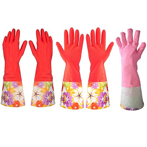 Cocina goma limpieza guantes con forro interior hogar Thickening PU Guante de látex de lavado impermeable 2 pares