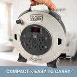 Black + Decker Retractable Extension Cord, 25 ft, 4 Outlets, 2 USB Ports (2.1A), 16AWG SJT Cable - Compact Power Cord Reel with Multi-Plug Extension, On/Off Switch - Retracting Extension Cord Wheel