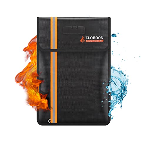 ELOBOON - Bolsa de documentos ignífuga con cerradura, 15 x 11 pulgadas, impermeable e ignífuga, 2 bolsillos y cremalleras impermeables, bolsa de almacenamiento segura contra incendios con cinta reflectante para documentos legales y de tamaño carta