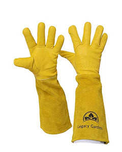 Legacy Gardens Guantes de jardinería de cuero para mujeres y hombres | Guantes de trabajo de jardín a prueba de espinas y cortes con guantelete de larga resistencia | Adecuado para arbustos espinosos, poda de rosa cactus - amarillo medio