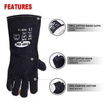 TOPDC Guantes de soldadura de cuero vacuno superior de 14 pulgadas, resistentes al calor, guantes ignífugos, guantes para forja/parrilla/barbacoa/estufa/horno/chimenea/soldador Tig/horneado/jardinería/manipulación de animales con manga larga de 5.7 pulgad