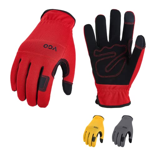 Vgo... 3-Pares Guantes de Trabajo de Cuero Sintético, Multiusos para Trabajo Liviano, Transpirables y de Alta Destreza, Pantalla Táctil (Talla 9/L, Gris, Rojo y Amarillo, NB7581)