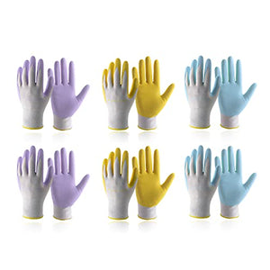 Handlandy - Guantes de jardín para mujer, sin látex, 3 pares, transpirables, con revestimiento de nitrilo, pequeños, guantes de trabajo para patio (6 pares, 2 azules y 2 amarillos y 2 violetas)