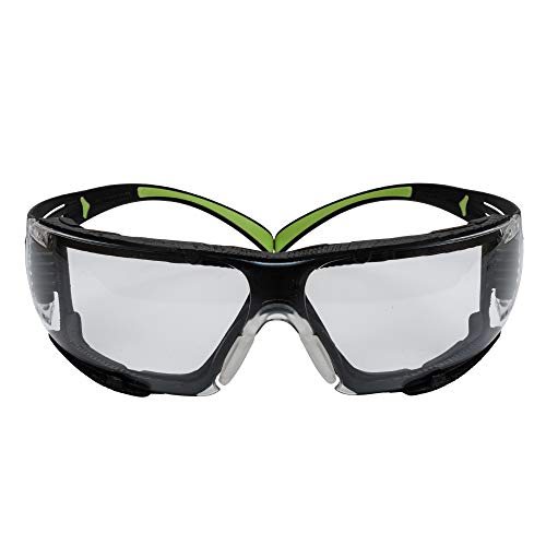 Gafas de seguridad 3M, SecureFit, ANSI Z87, interiores/exteriores, antiarañazos, lente espejo, marco verde/negro, junta de espuma extraíble, varillas flexibles