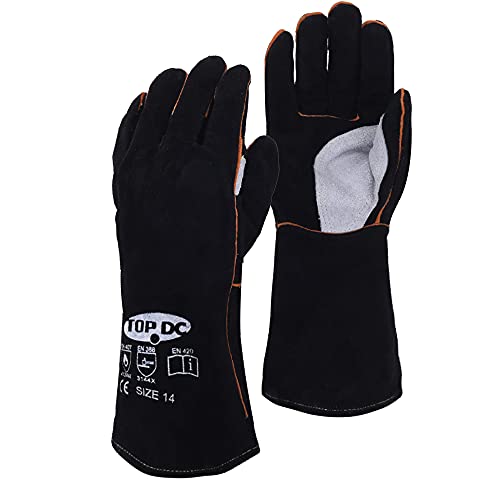 TOPDC Guantes de soldadura de cuero vacuno superior de 14 pulgadas, resistentes al calor, guantes ignífugos, guantes para forja/parrilla/barbacoa/estufa/horno/chimenea/soldador Tig/horneado/jardinería/manipulación de animales con manga larga de 5.7 pulgad