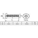 L-A M6 x 25 mm acero inoxidable 304 tornillos de seguridad antirrobo Torx (20 unidades)