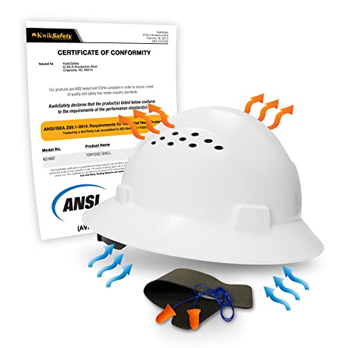 KwikSafety (Charlotte, NC) Casco de tortuga (18 ventilaciones, tapones para los oídos de banda extra para el sudor) ala completa (talla única) casco de seguridad ANSI duro OSHA ligero tipo 1 clase C, color blanco