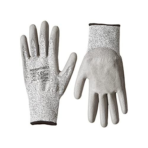 Amazon Basics Guantes de trabajo resistentes a los cortes, nivel de corte A2, guantes recubiertos de poliuretano, pantalla táctil, sal y pimienta, talla 10, XL, 6 pares