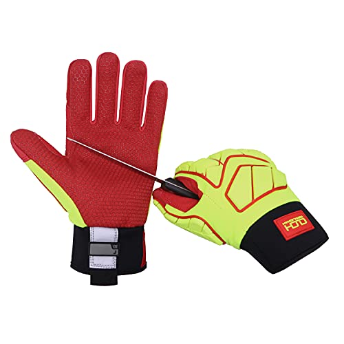 Guantes de trabajo resistentes, palma de nivel 5, guante mecánico de agarre de alta visibilidad con protector TPR para seguridad de aceite y gas (pequeño, amarillo y rojo de alta visión)