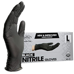 ForPro - Guantes desechables de nitrilo, resistentes a los químicos, sin polvo, sin látex, no estériles, aptos para alimentos, 4 mil, negro, grande, 100 unidades