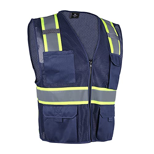 VENDACE Hi Vis Chaleco de malla reflectante de seguridad para hombre, ANSI Clase 2, chaleco de alta visibilidad con 8 bolsillos y cremallera, Azul / Patchwork, XX-Large