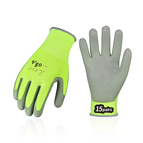 Vgo 15Pares Guantes de Trabajo y de Jardinería Recubiertos de PU para Hombres Multifunción ( G/L, Amarillo fluorescente, PU2013)