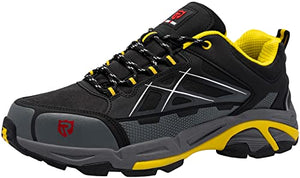 LARNMERN Zapatos de punta de acero para hombre, zapatos de trabajo antideslizantes a prueba de pinchazos, calzado al aire libre, zapatos de seguridad, construcción industrial, zapatos de tenis indestructibles, Negro/Amarillo-201, 9.5 US