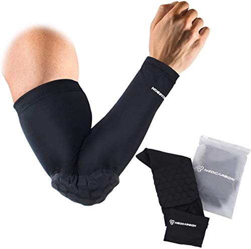 NeoCarbon Codera Deportiva de Neopreno contra Impacto (1 par), Compresión Ajustable para Brazo con Protector de Espuma en el Codo, Negro Chica