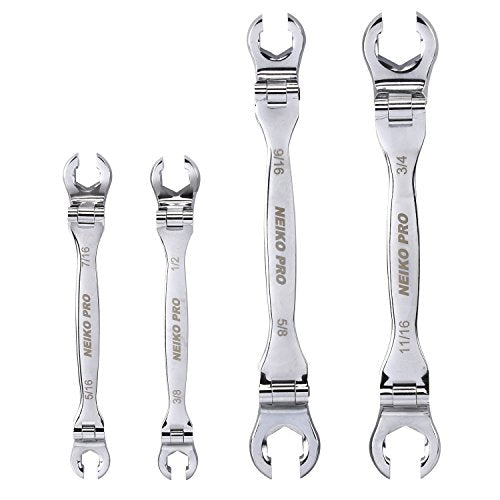 Neiko Pro 03347B 4-Piece Double Head Offset Flexible Flare Nut Wrench Set - SAE by Neiko